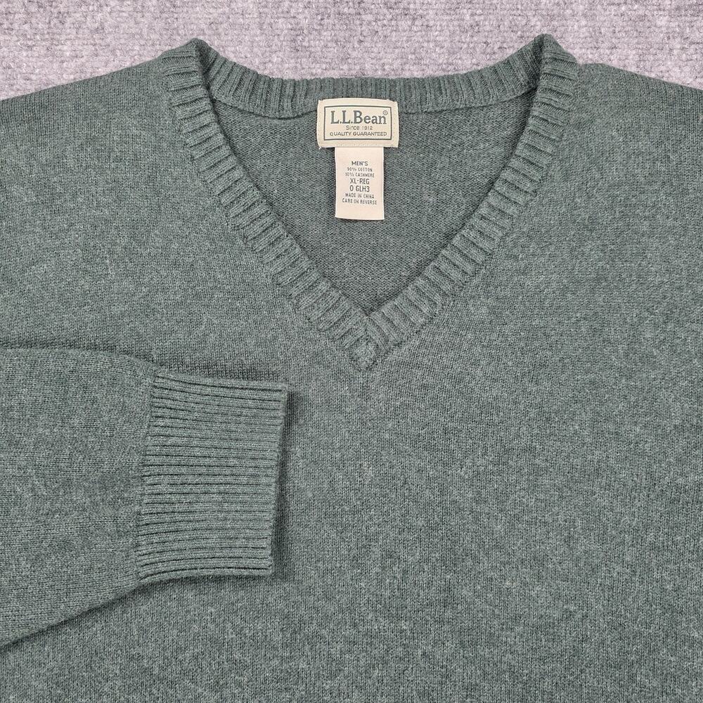 LL Bean Sweater Mens XL Green Cotton Cashmere V Neck Knit Pullover Classic